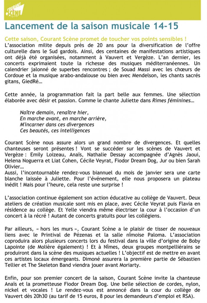 CS Communiqué de presse saison 14-15